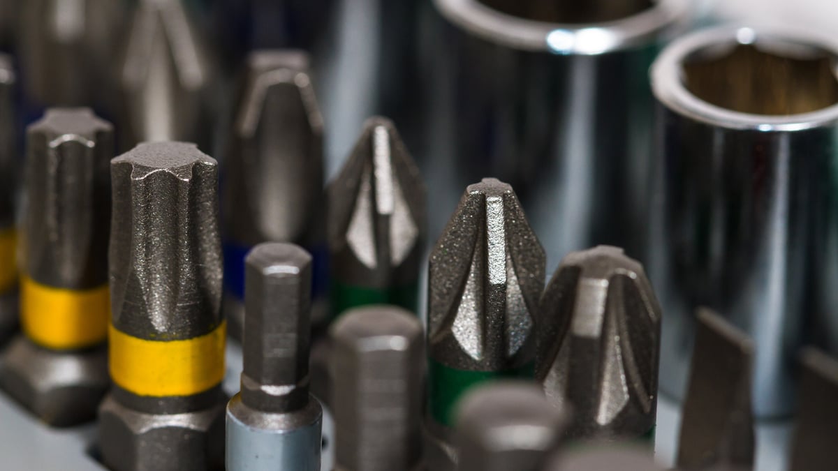 Close-up of assorted screwdriver bit tips and sockets